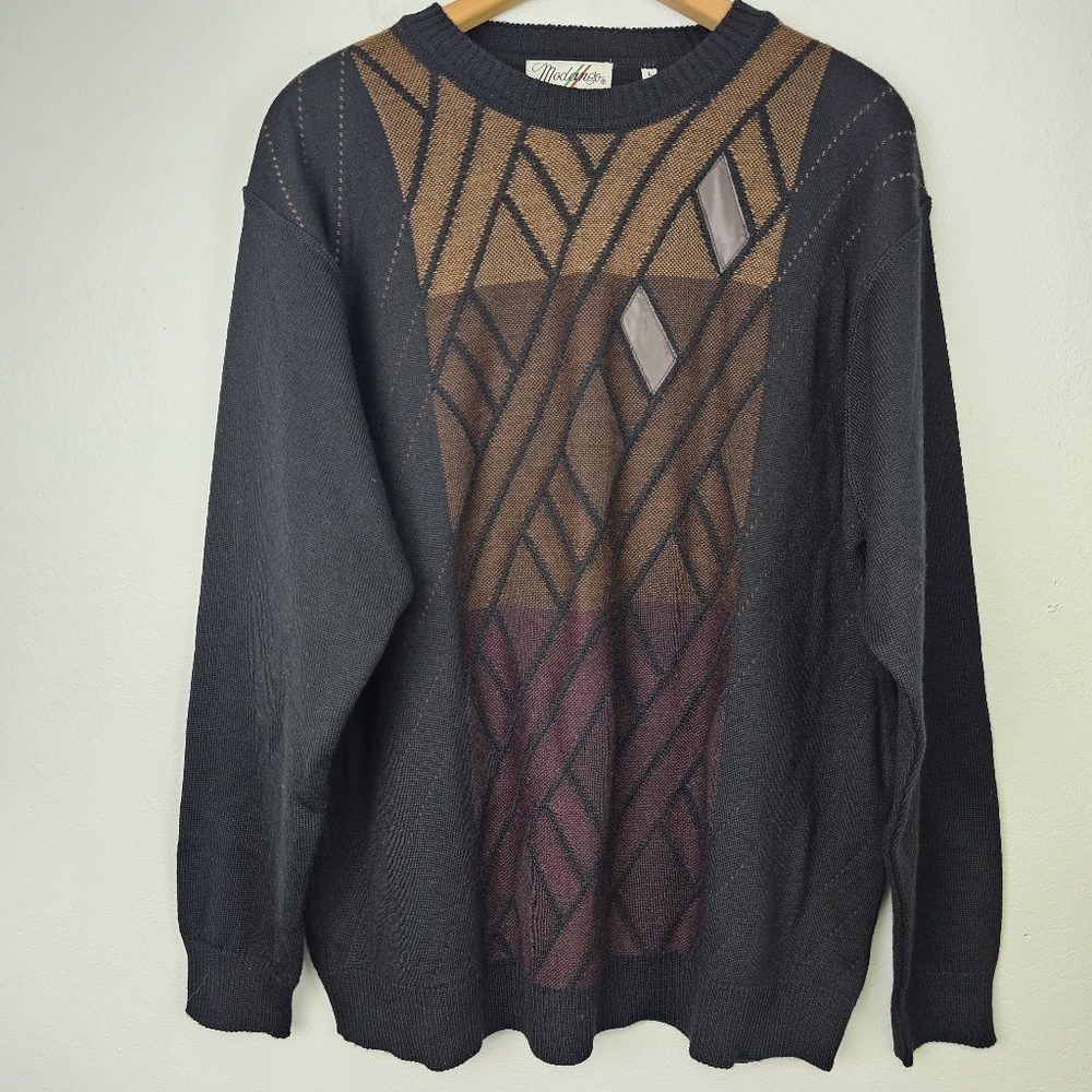 Modango VTG Grandpacore Sweater Wool Blend Faux Leather Patchs Made Italy Sz L
